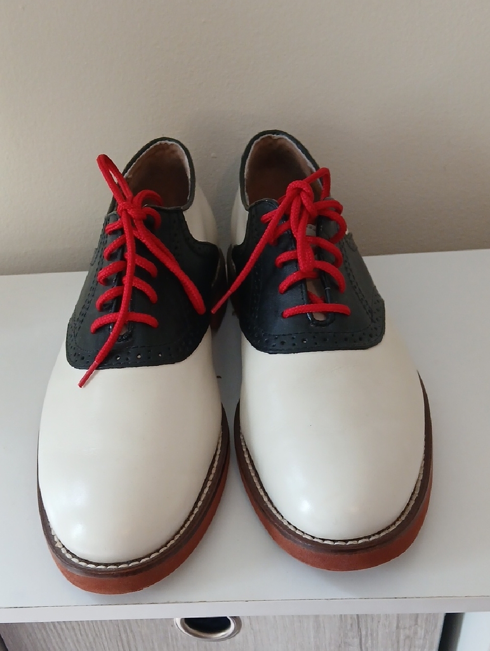 G.H. Bass & Co. Cream and Black Two-Tone Oxfords with Red Laces